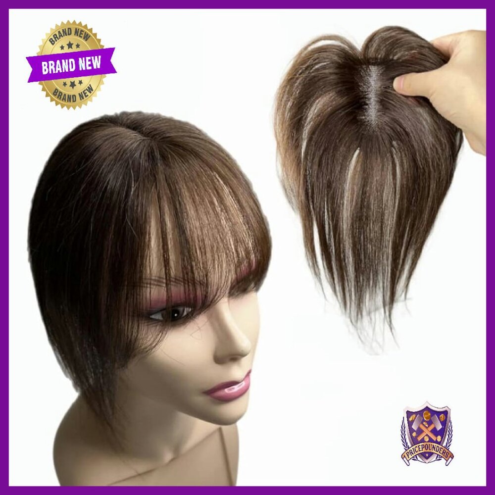 Hand-Woven Lace Human Hair Topper With Air Bangs Clip-In 25cm